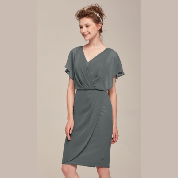 Gray Formal Chiffon Reese Wrap Dress, size 16 - Picture 2 of 14